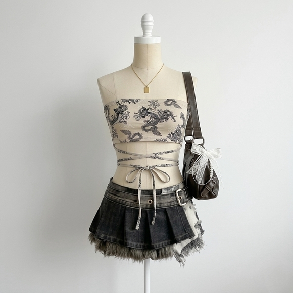 Streetwear Society Tops - Streetwear Society Beige and Black Dragon Print Wrap Tube Top